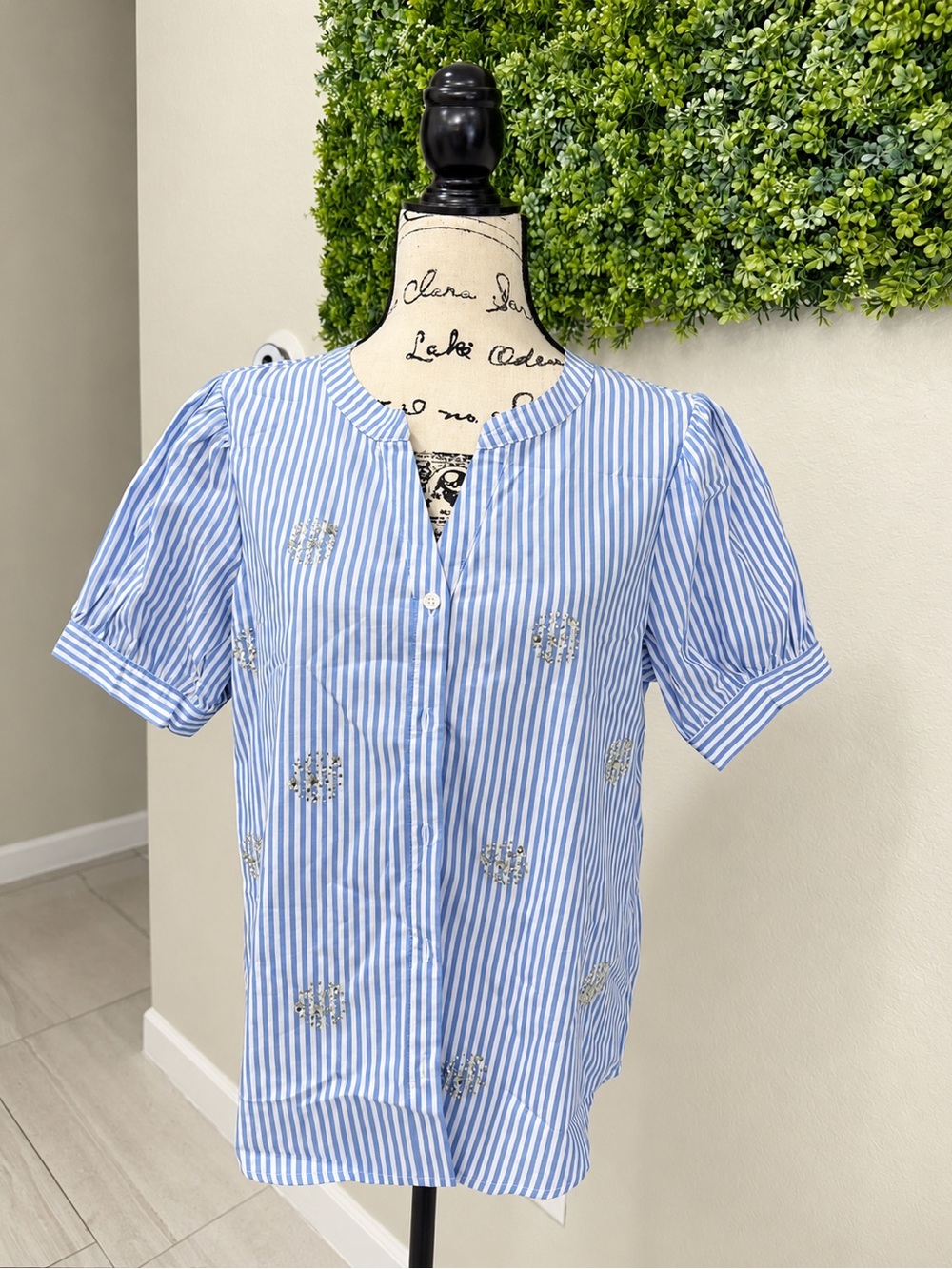 Badgley Mischka Blue White Striped Rhinestone Embellished Top M